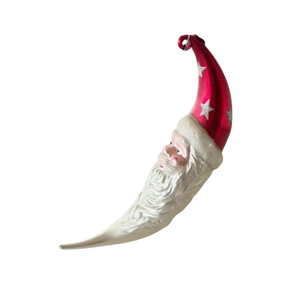 Santa‎ Crescent Moon Ornament Handblown Glass Vtg 11.5”